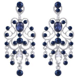 Silver with Blue Sapphire Austrian Crystal Banquet Chandelier Post Back Earrings